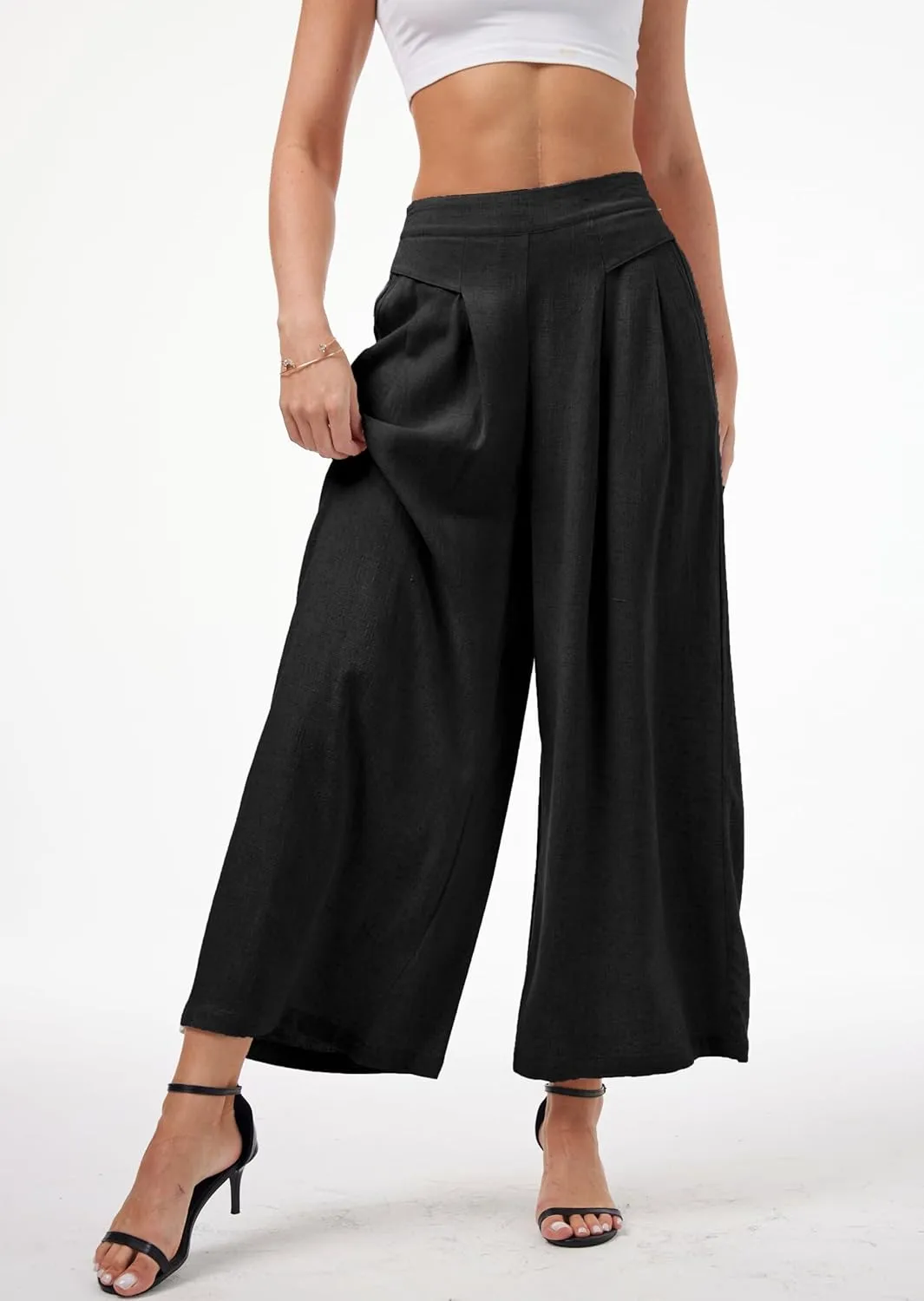 heipeiwa Women' s Culottes Linen Pants Summer Casual Flowy Beach Cotton Linen Wide Leg Palazzo Pants