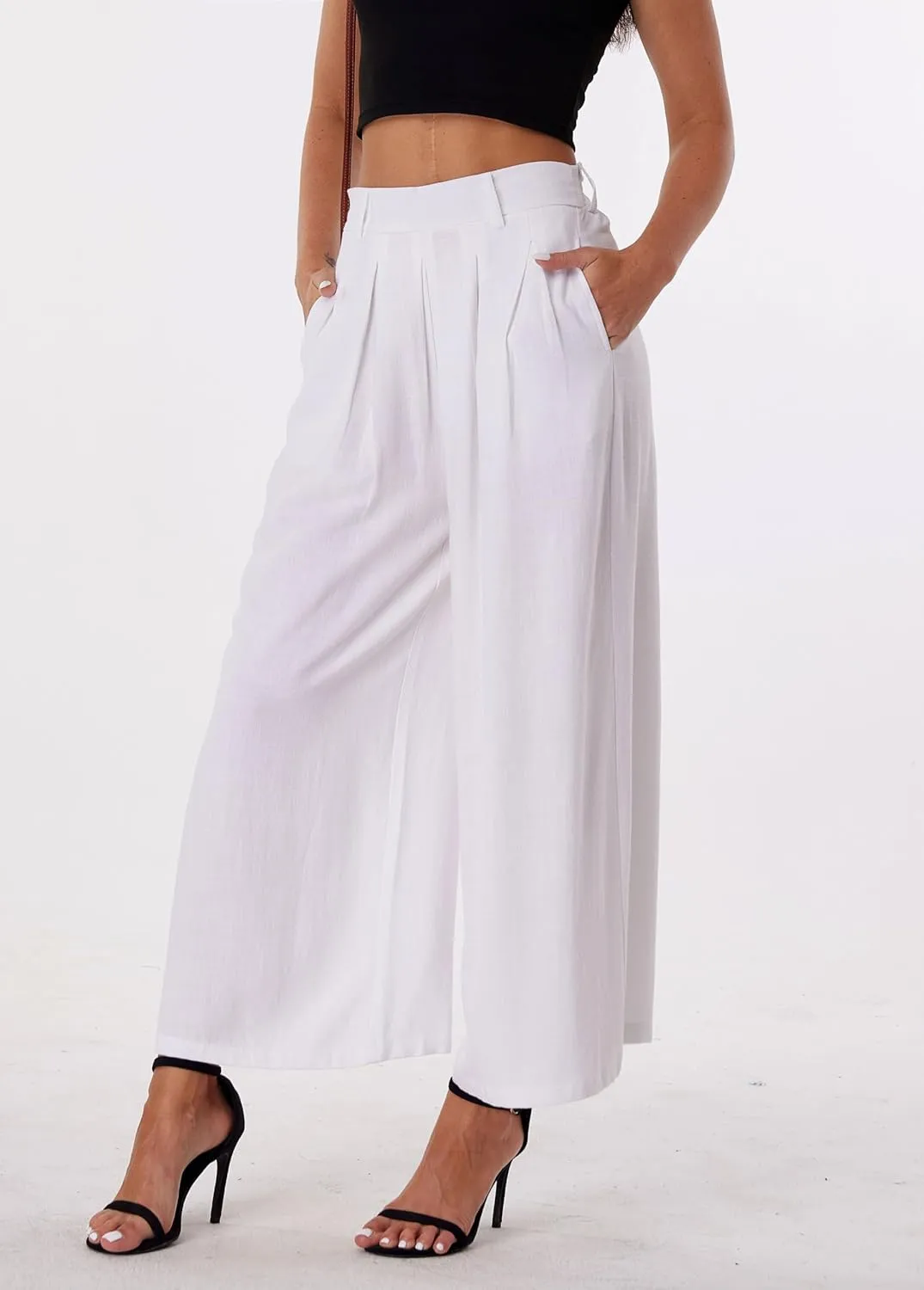 heipeiwa Women' s Culottes Linen Pants Summer Vacation Beach Capris Crop Casual Wide Leg Palazzo Pants