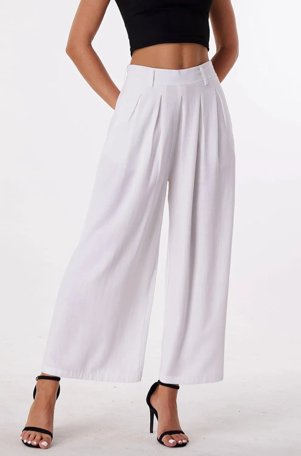 heipeiwa Women' s Culottes Linen Pants Summer Vacation Beach Capris Crop Casual Wide Leg Palazzo Pants