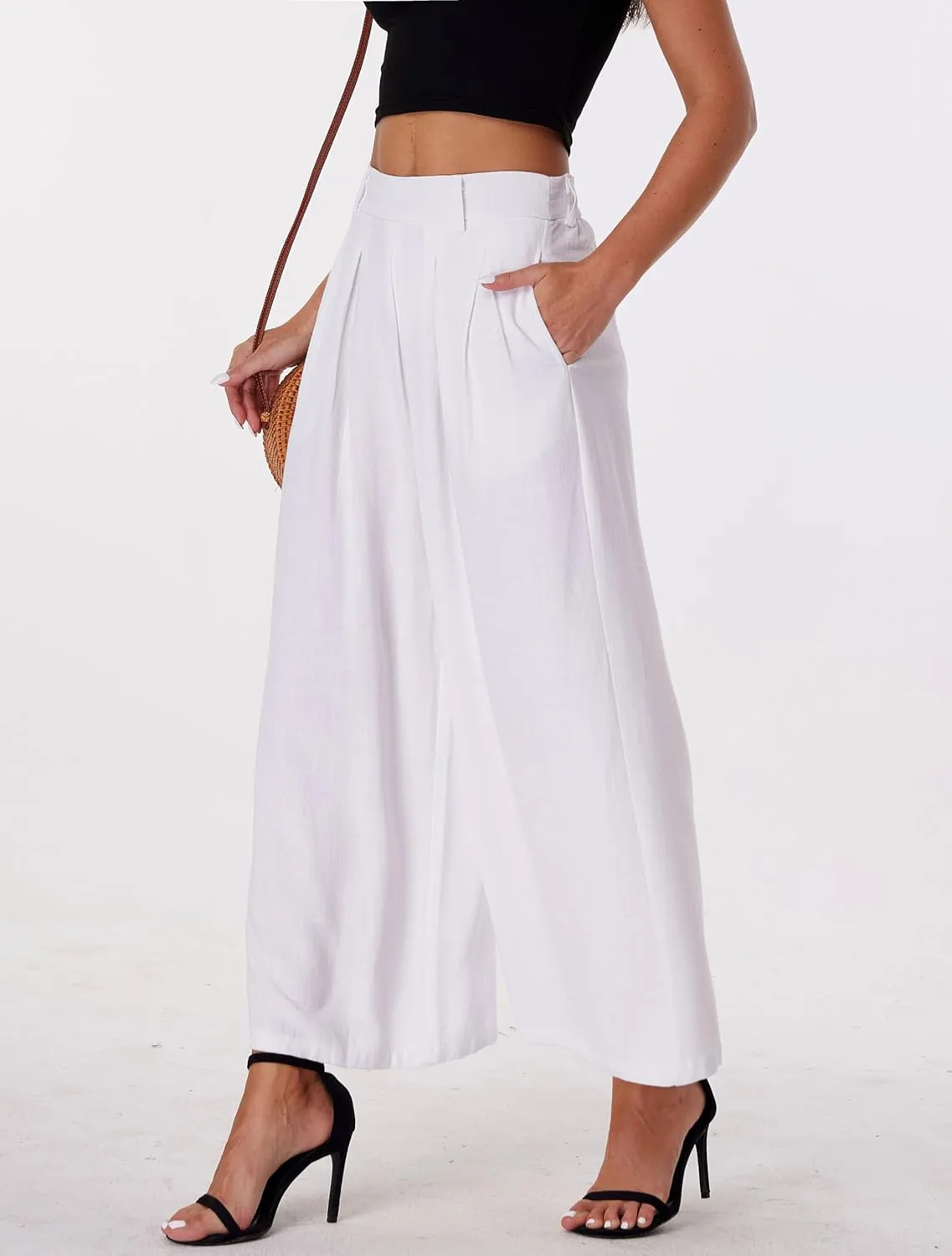heipeiwa Women' s Culottes Linen Pants Summer Vacation Beach Capris Crop Casual Wide Leg Palazzo Pants