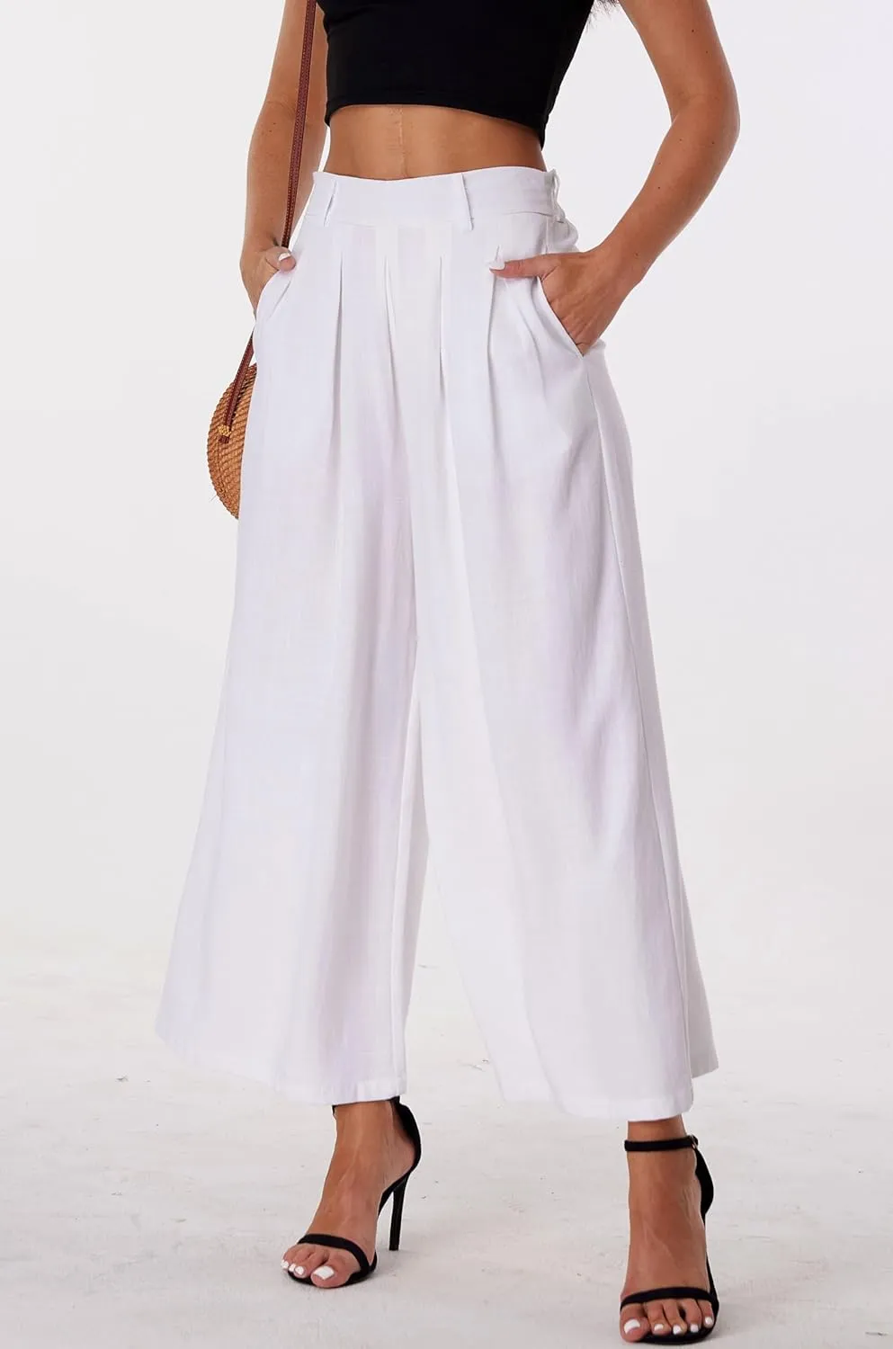 heipeiwa Women' s Culottes Linen Pants Summer Vacation Beach Capris Crop Casual Wide Leg Palazzo Pants