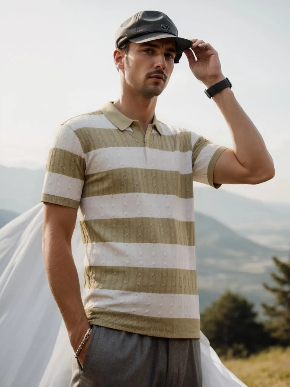 HYPESTFIT Knit Polo Shirt Short Sleeve Striped Texture Knitted Casual Beach Tops