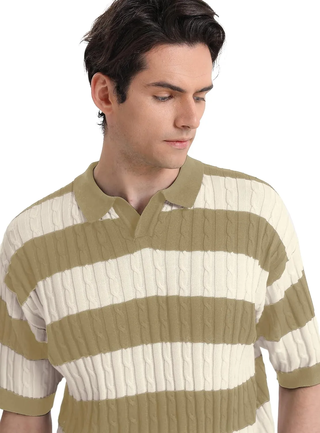 HYPESTFIT Knit Polo Shirt Short Sleeve Striped Texture Knitted Casual Beach Tops