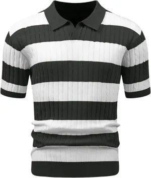 HYPESTFIT Knit Polo Shirt Short Sleeve Striped Texture Knitted Casual Beach Tops