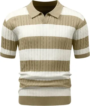 HYPESTFIT Knit Polo Shirt Short Sleeve Striped Texture Knitted Casual Beach Tops