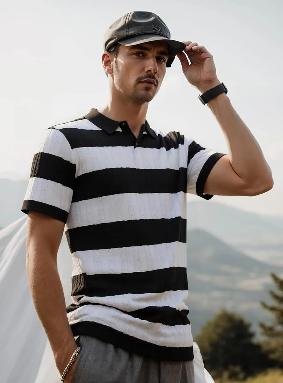 HYPESTFIT Knit Polo Shirt Short Sleeve Striped Texture Knitted Casual Beach Tops