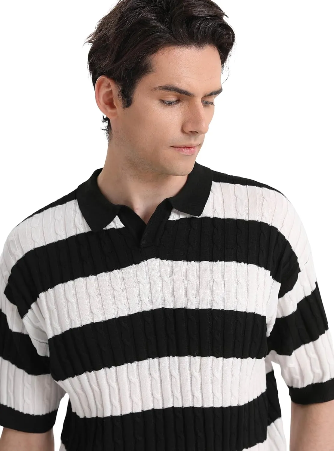 HYPESTFIT Knit Polo Shirt Short Sleeve Striped Texture Knitted Casual Beach Tops
