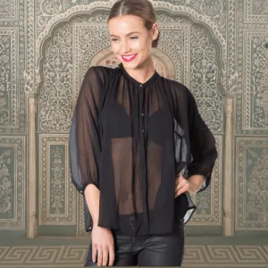 Leaf Embroidered Sheer Top
