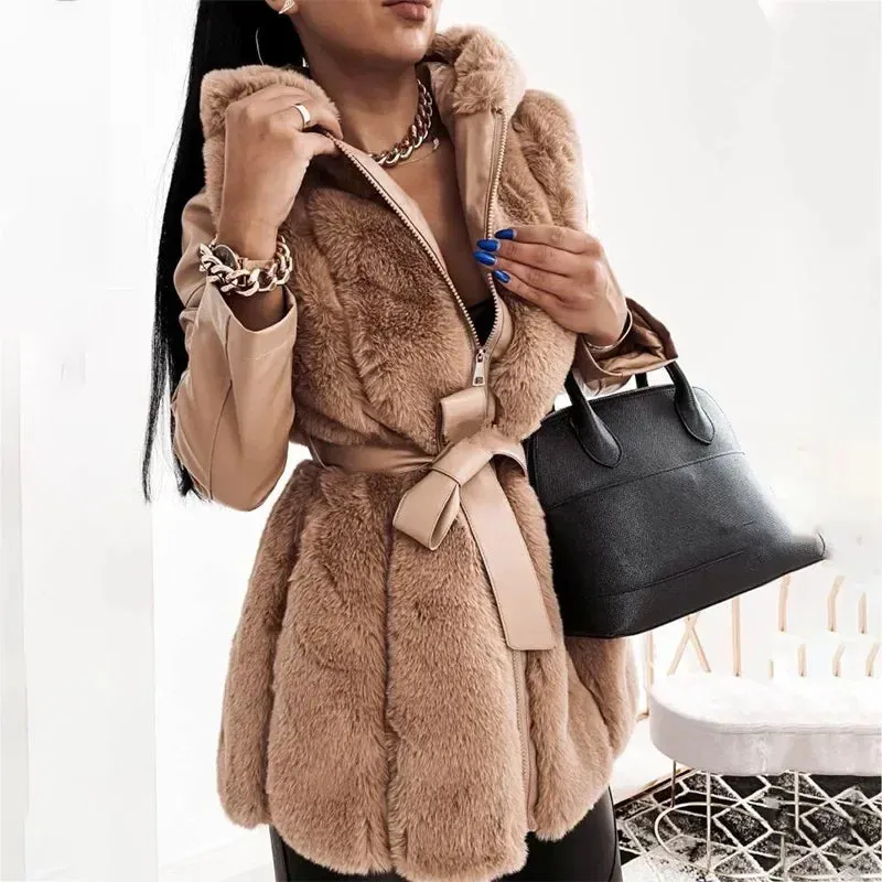 LVSANW Faux Rabbit Fur Winter Warm Coat Luxury Long Fur Hooded Coat Loose Lapel Overcoat Thermal Plush Tight Waist Women Jackets Casaco