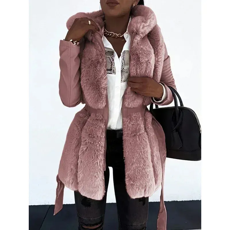 LVSANW Faux Rabbit Fur Winter Warm Coat Luxury Long Fur Hooded Coat Loose Lapel Overcoat Thermal Plush Tight Waist Women Jackets Casaco