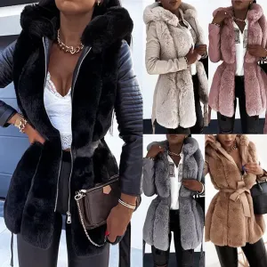 LVSANW Faux Rabbit Fur Winter Warm Coat Luxury Long Fur Hooded Coat Loose Lapel Overcoat Thermal Plush Tight Waist Women Jackets Casaco