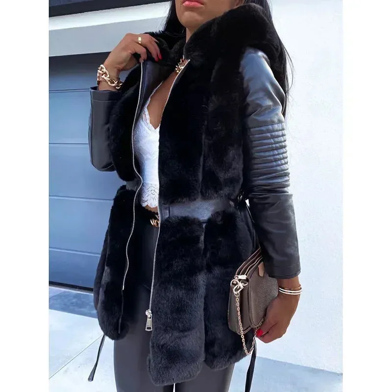 LVSANW Faux Rabbit Fur Winter Warm Coat Luxury Long Fur Hooded Coat Loose Lapel Overcoat Thermal Plush Tight Waist Women Jackets Casaco