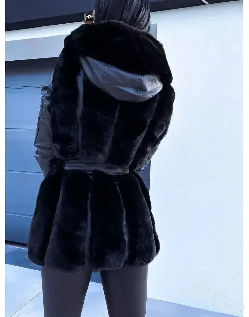 LVSANW Faux Rabbit Fur Winter Warm Coat Luxury Long Fur Hooded Coat Loose Lapel Overcoat Thermal Plush Tight Waist Women Jackets Casaco