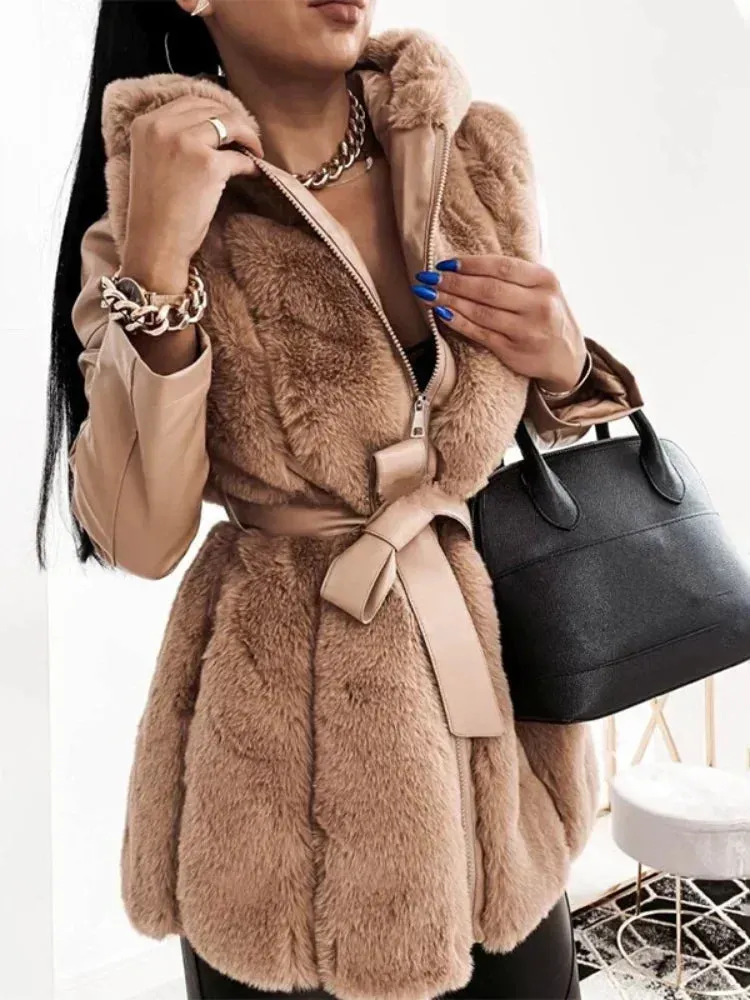 LVSANW Faux Rabbit Fur Winter Warm Coat Luxury Long Fur Hooded Coat Loose Lapel Overcoat Thermal Plush Tight Waist Women Jackets Casaco