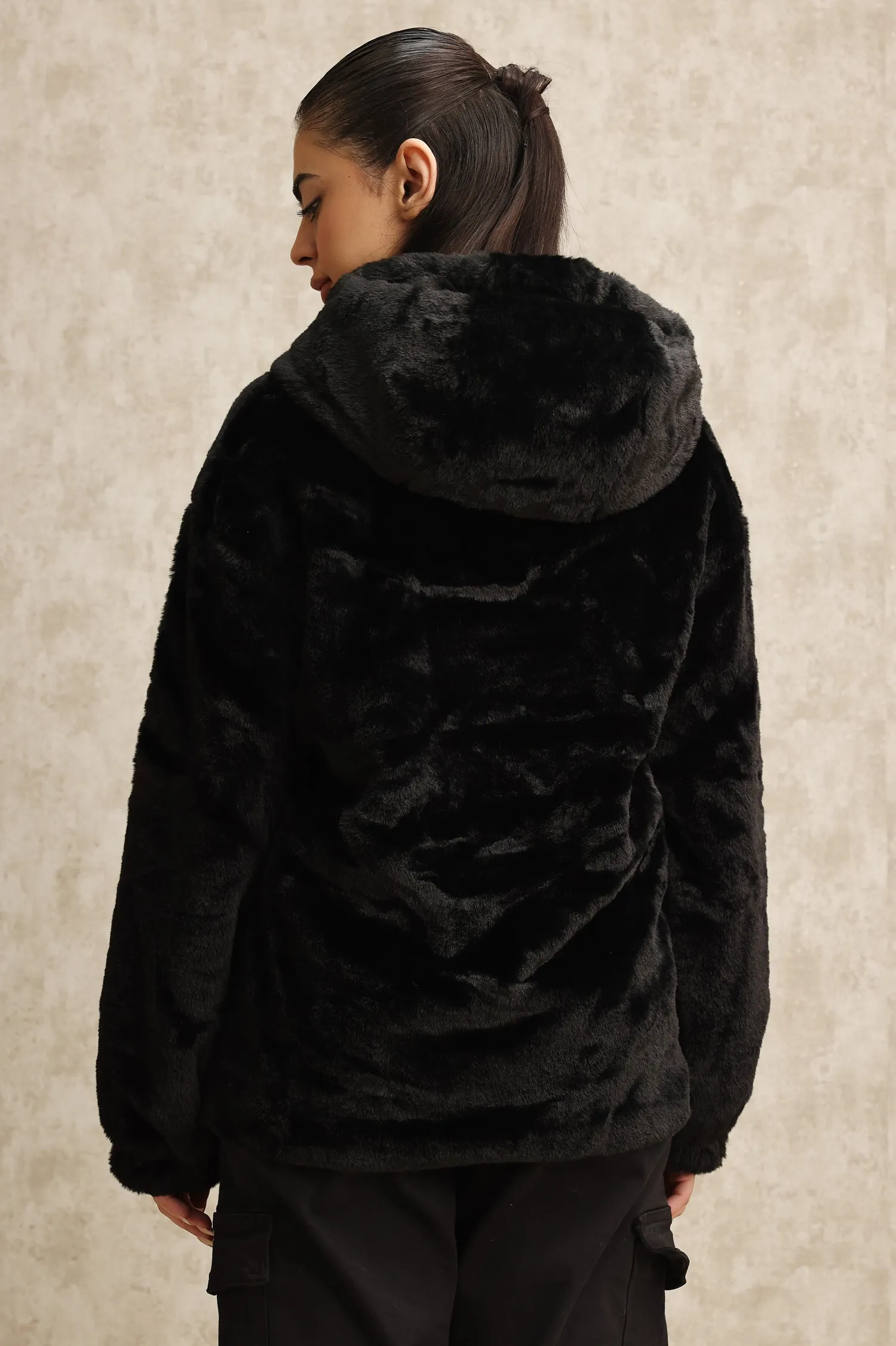 PLUSH HOODED JACKET-BLACK
