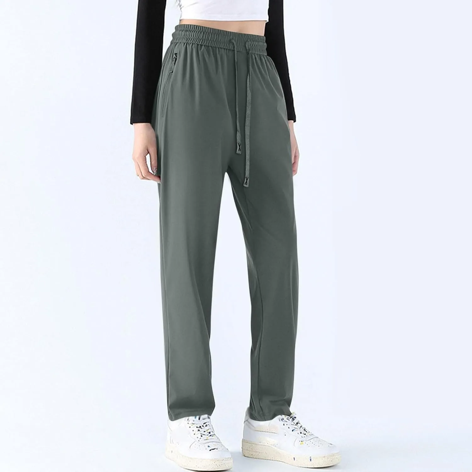 Quick Dry Stretch Pants for Women Summer Straight Leg Pull on Hiking Pants Plus Size Drawstring Flexipants with Pockets