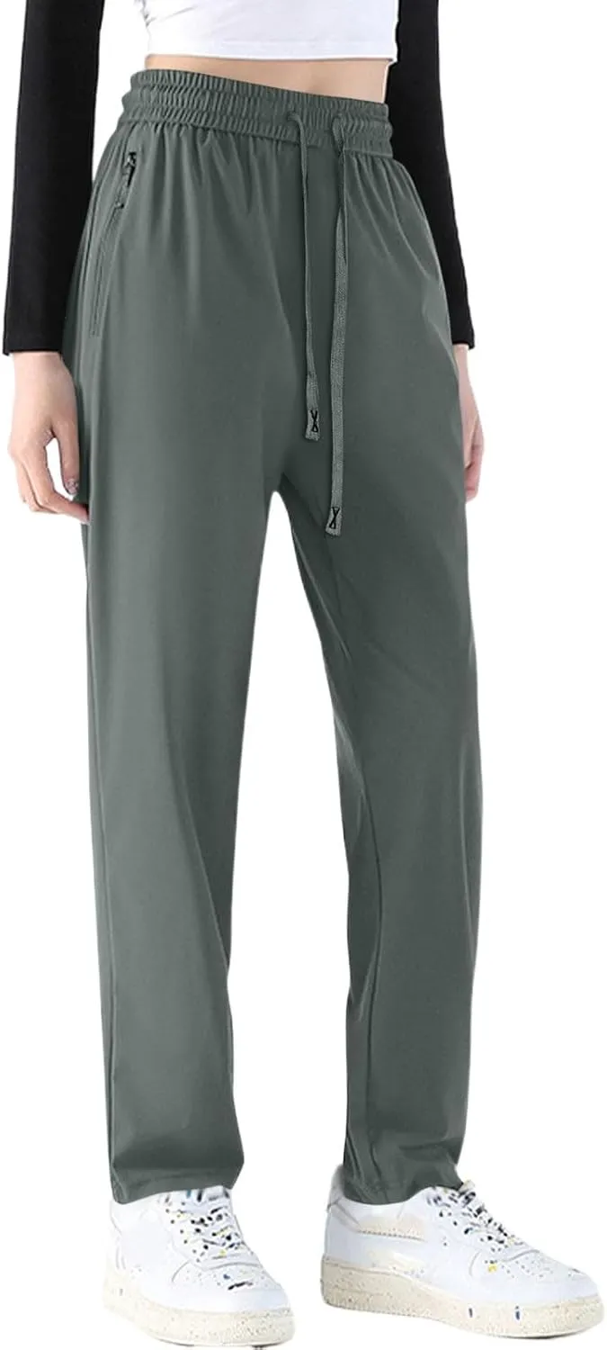 Quick Dry Stretch Pants for Women Summer Straight Leg Pull on Hiking Pants Plus Size Drawstring Flexipants with Pockets
