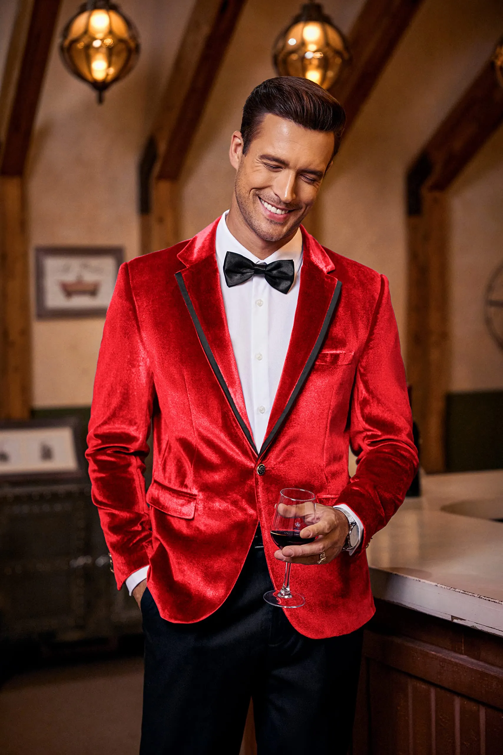 Red Men's Designer Style Velvet Lapel Long Sleeve Blazer
