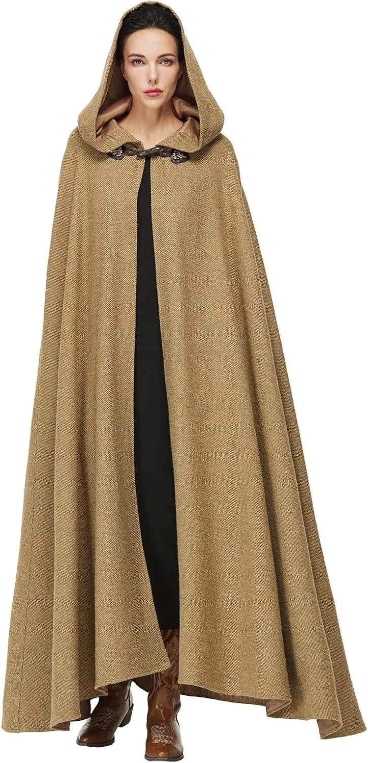 Renaissance Cloak with Hood for Women Wool Blend Medieval Hooded Cape for Halloween Cosplay Costume