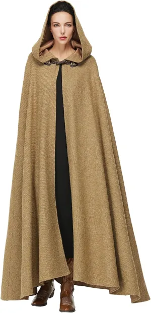 Renaissance Cloak with Hood for Women Wool Blend Medieval Hooded Cape for Halloween Cosplay Costume