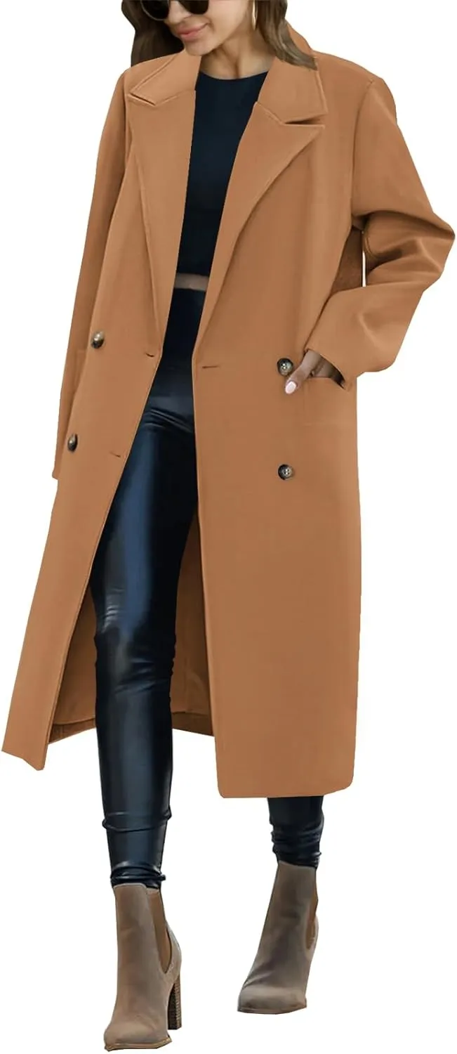 Saodimallsu Womens Trench Coat Winter Lapel Double Breasted Long Pea Coat Casual Work Office Overcoat with Pocket