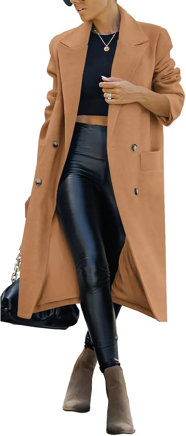 Saodimallsu Womens Trench Coat Winter Lapel Double Breasted Long Pea Coat Casual Work Office Overcoat with Pocket