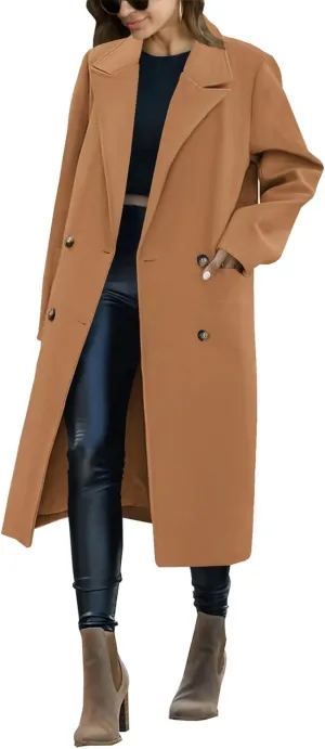 Saodimallsu Womens Trench Coat Winter Lapel Double Breasted Long Pea Coat Casual Work Office Overcoat with Pocket