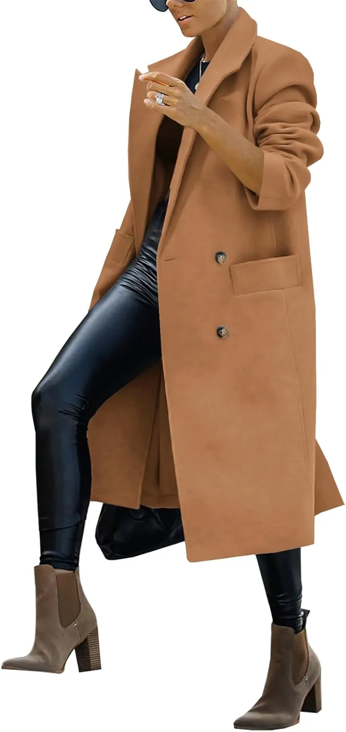 Saodimallsu Womens Trench Coat Winter Lapel Double Breasted Long Pea Coat Casual Work Office Overcoat with Pocket