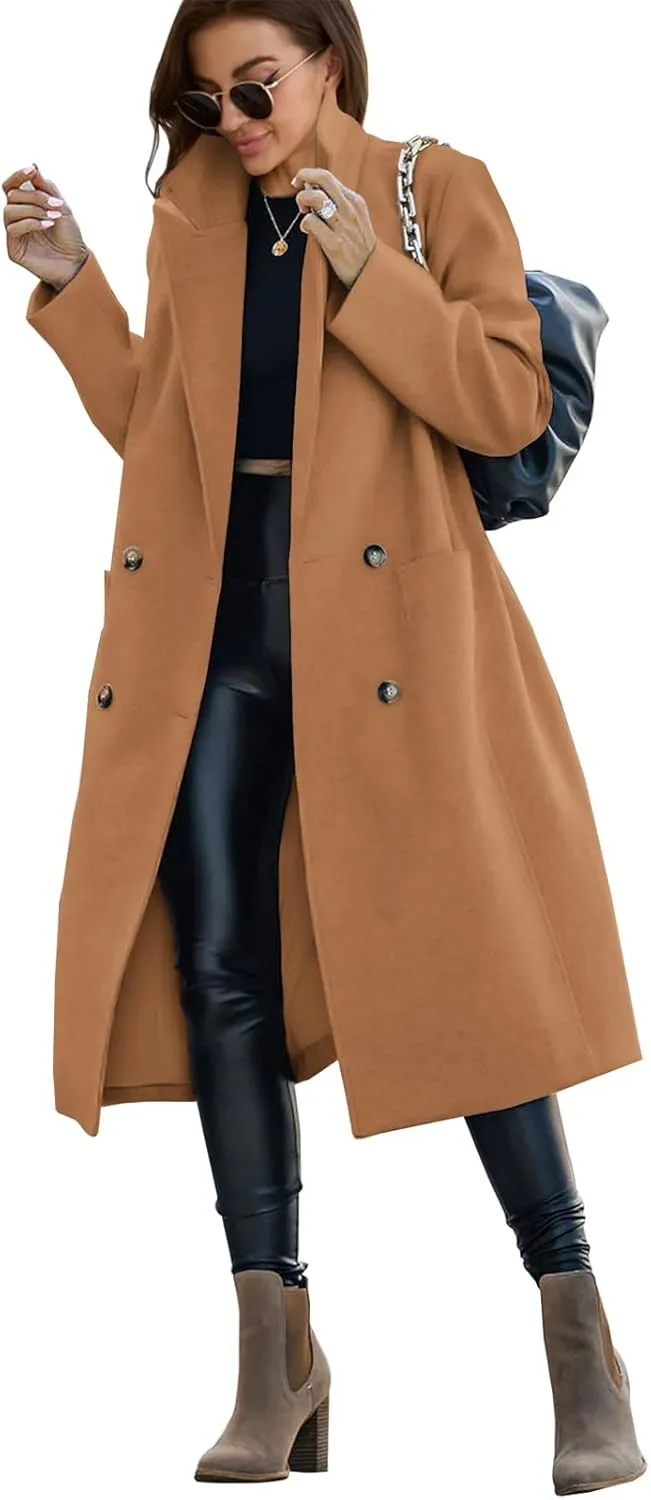 Saodimallsu Womens Trench Coat Winter Lapel Double Breasted Long Pea Coat Casual Work Office Overcoat with Pocket