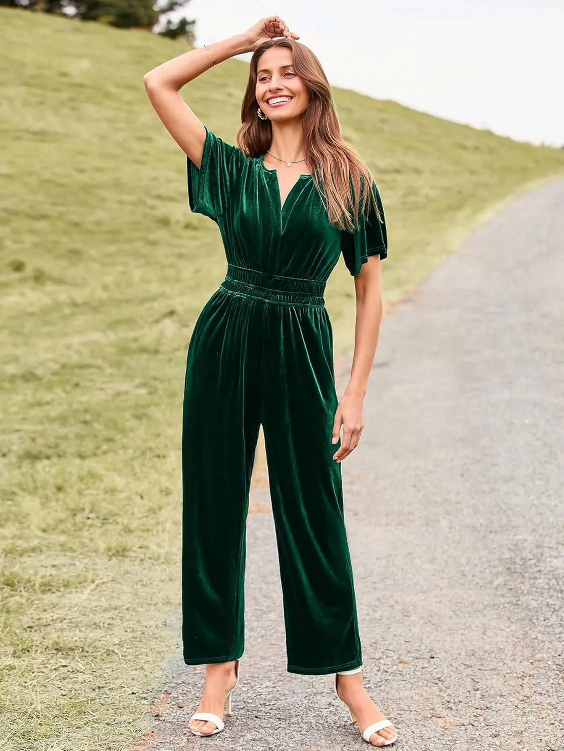 Simplee Womens Short Sleeve Wide Leg Velvet Jumpsuit Dressy V Neck Elastic Waist Formal Jumpsuits 2024 Winter Holiday Outfits