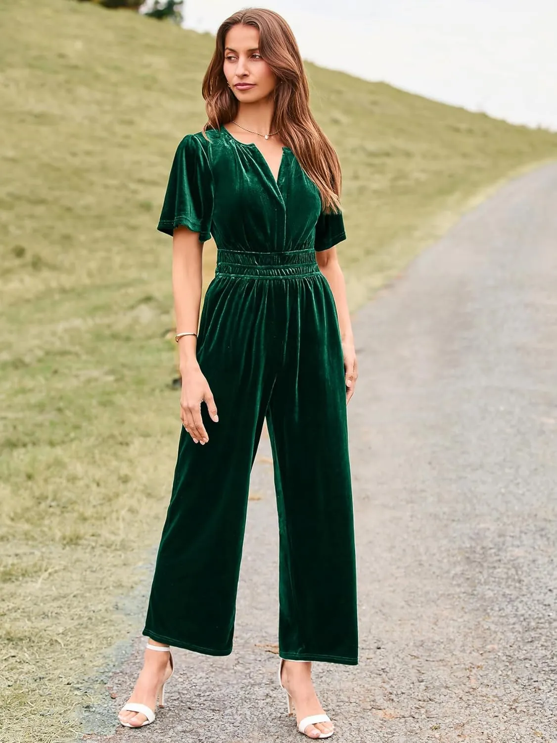 Simplee Womens Short Sleeve Wide Leg Velvet Jumpsuit Dressy V Neck Elastic Waist Formal Jumpsuits 2024 Winter Holiday Outfits