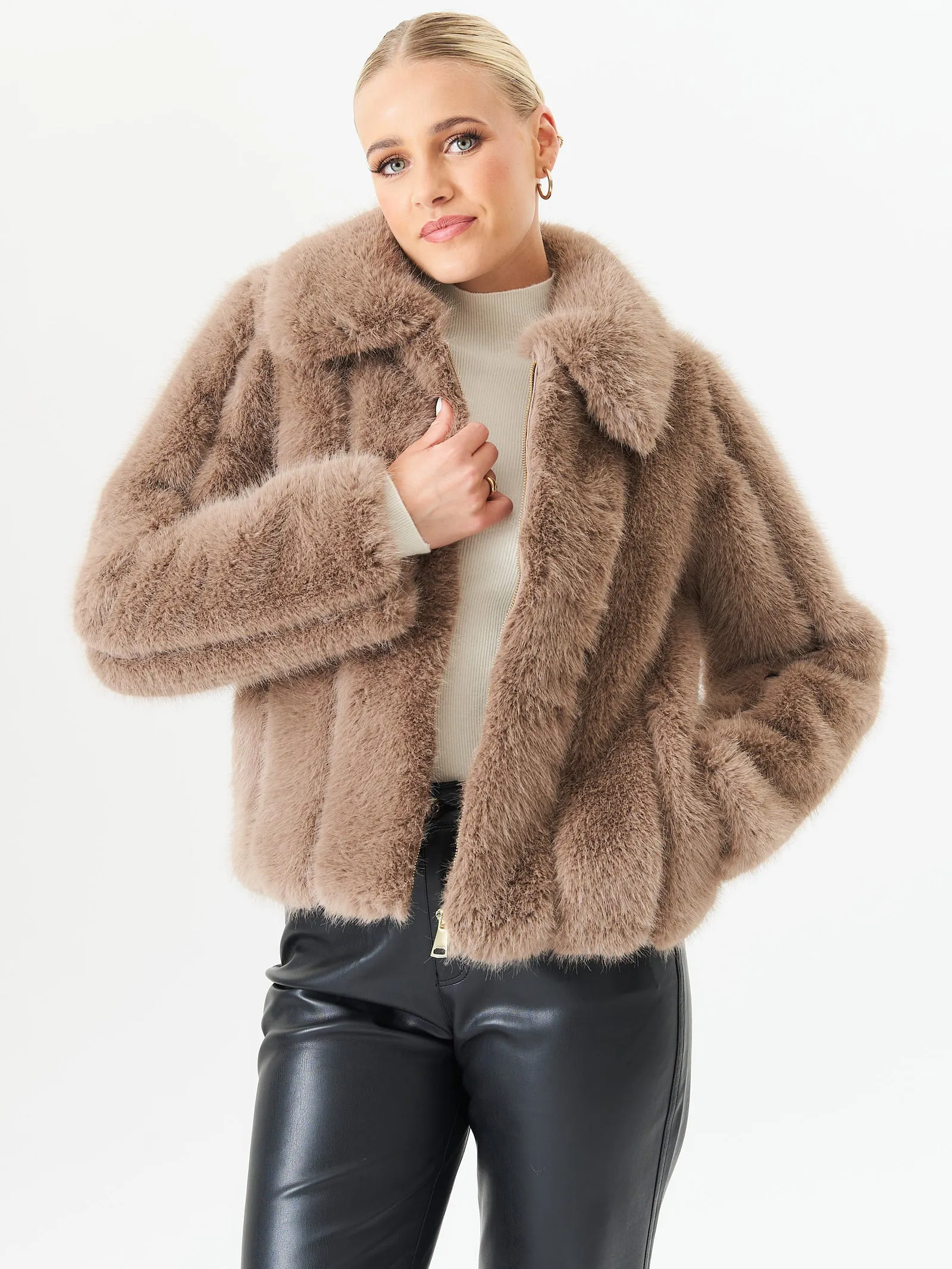 Stone Zip Front Faux Fur Short Jacket