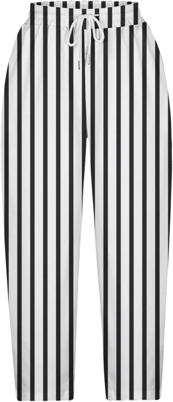 Stripe Color Block Capri Pants for Women Casual Straight Leg Capri Pants Drawstring Elastic Waist Cropped Trousers