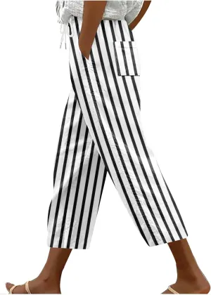 Stripe Color Block Capri Pants for Women Casual Straight Leg Capri Pants Drawstring Elastic Waist Cropped Trousers