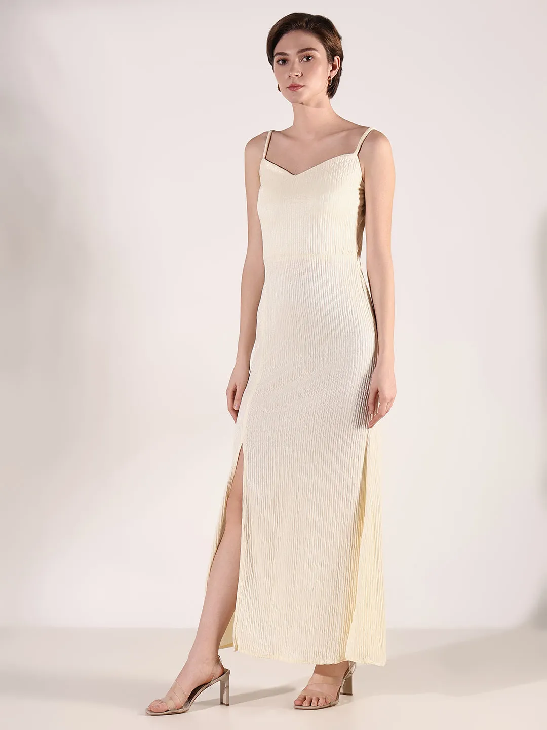 Women Cream Solid A Line Dress with Overcoat