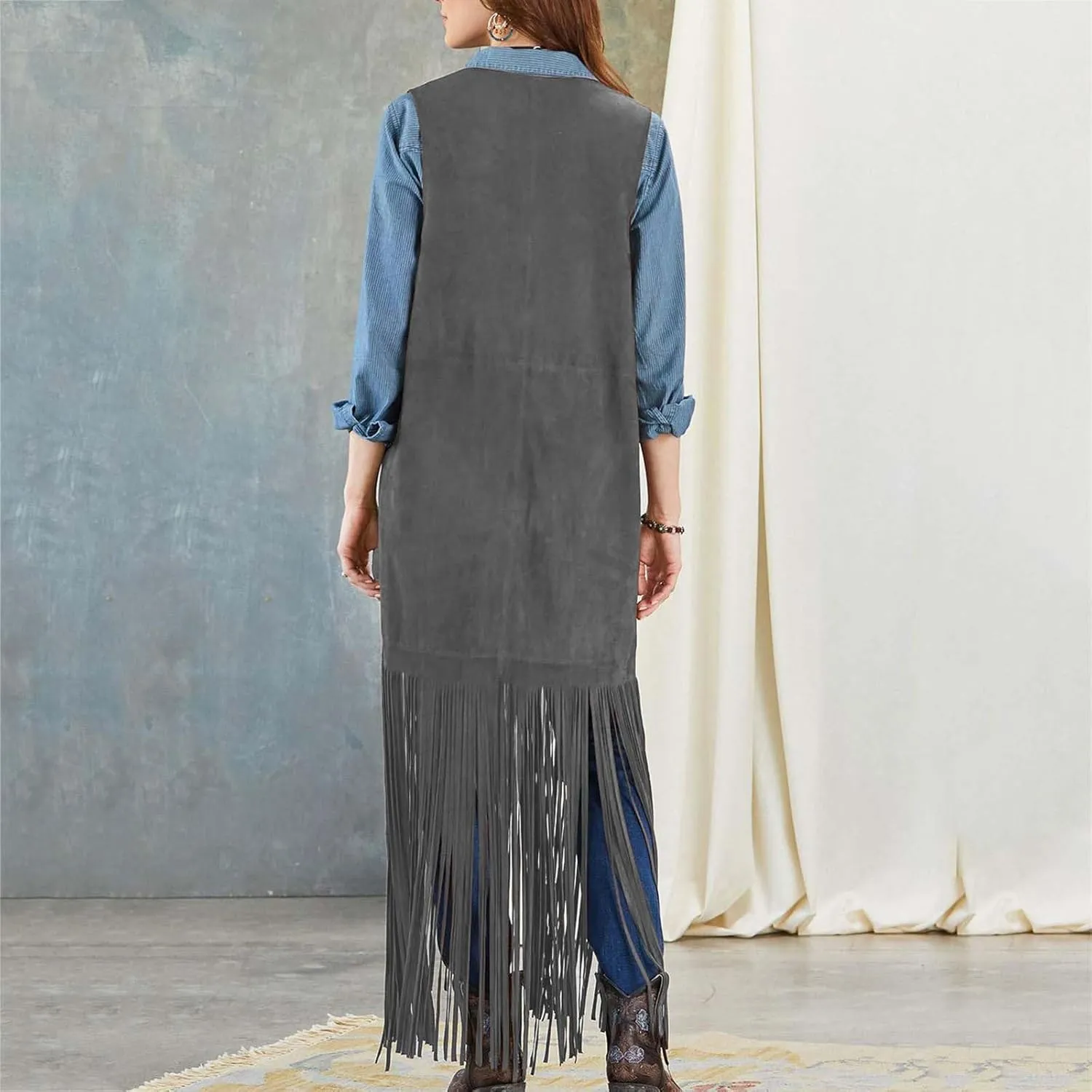 Women Fringe Tassel Vest 70s Vintage Western Cowgirl Long Waistcoat Faux Suede Sleeveless Jacket Shacket Fall Outwear