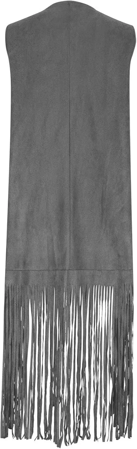 Women Fringe Tassel Vest 70s Vintage Western Cowgirl Long Waistcoat Faux Suede Sleeveless Jacket Shacket Fall Outwear