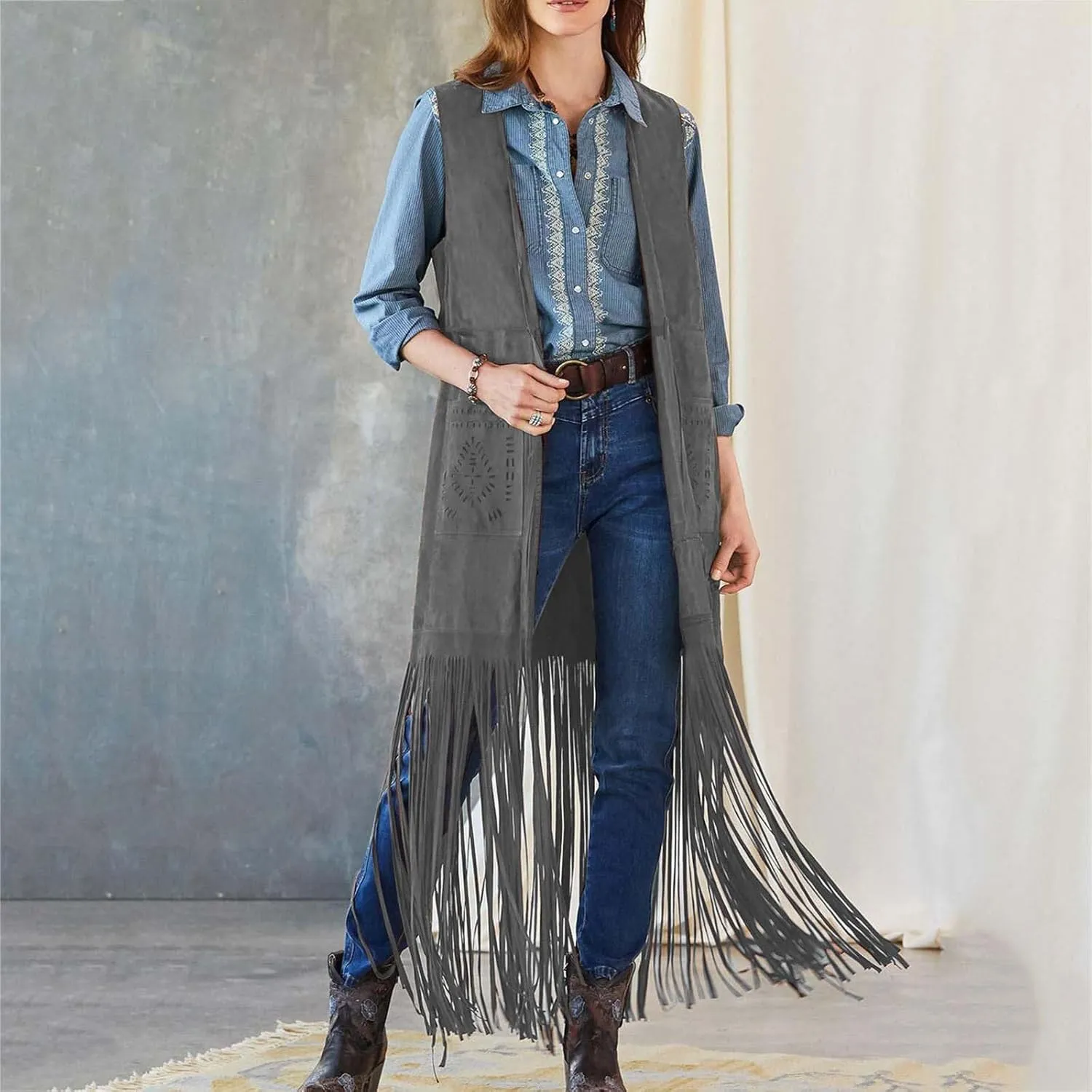 Women Fringe Tassel Vest 70s Vintage Western Cowgirl Long Waistcoat Faux Suede Sleeveless Jacket Shacket Fall Outwear
