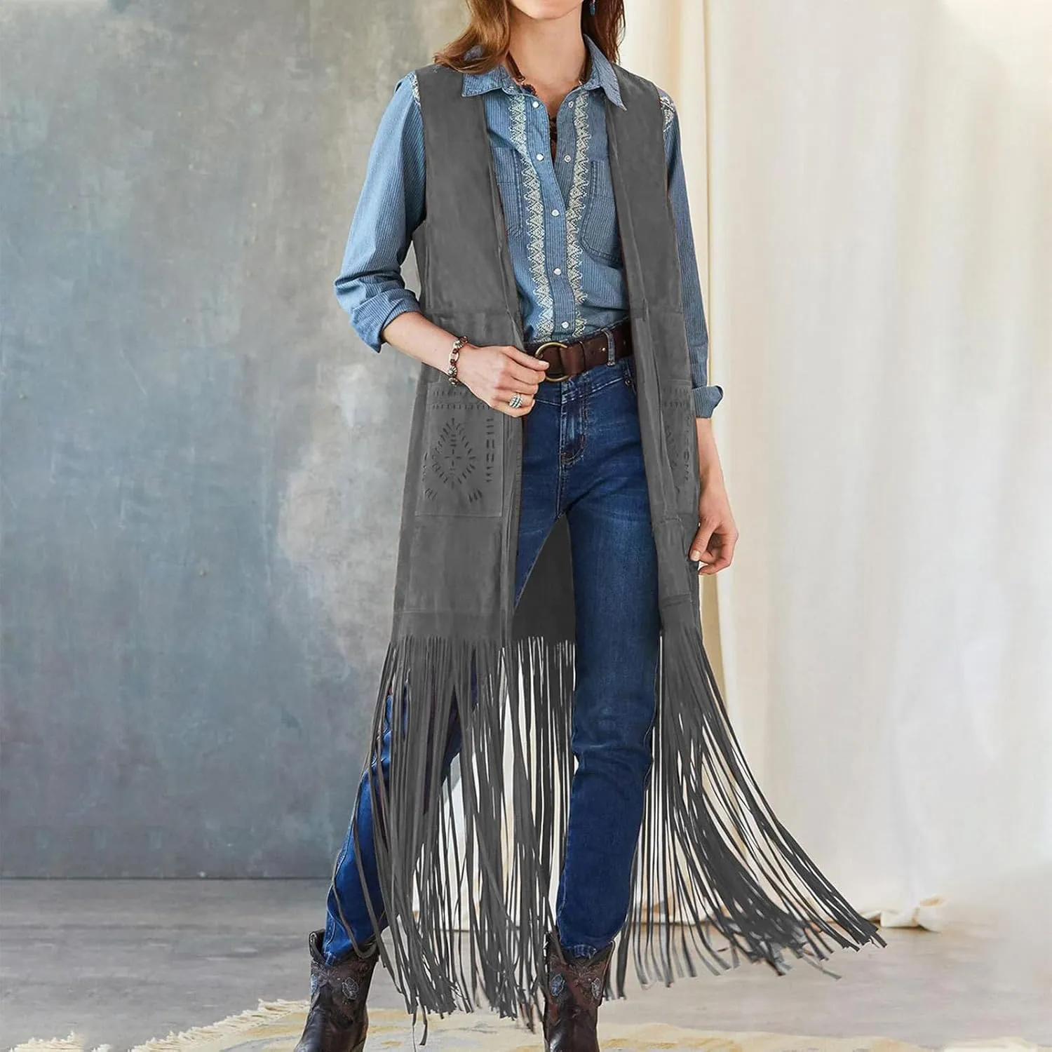 Women Fringe Tassel Vest 70s Vintage Western Cowgirl Long Waistcoat Faux Suede Sleeveless Jacket Shacket Fall Outwear