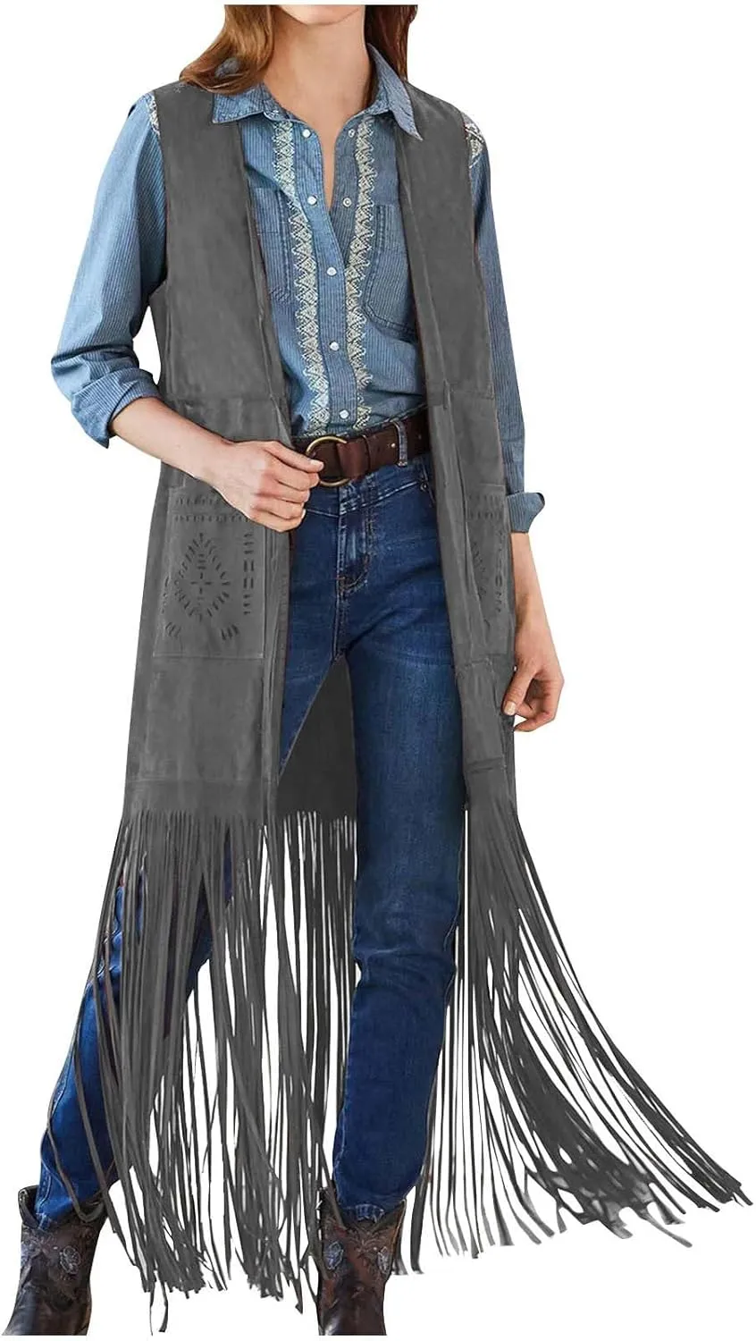 Women Fringe Tassel Vest 70s Vintage Western Cowgirl Long Waistcoat Faux Suede Sleeveless Jacket Shacket Fall Outwear