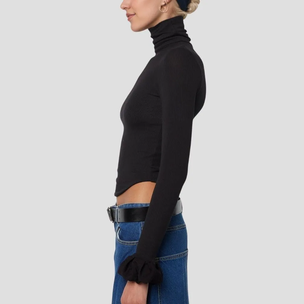Women Y2k Turtleneck Rib Knit Top Long Sleeve Slim Fit Ruffled Cuffs Blouse Shirt Fall Aesthetic Going Out Top
