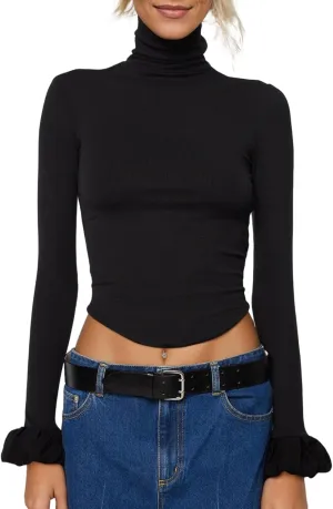 Women Y2k Turtleneck Rib Knit Top Long Sleeve Slim Fit Ruffled Cuffs Blouse Shirt Fall Aesthetic Going Out Top