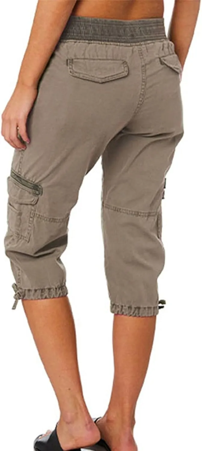 Womens Cargo Capris Summer Casual Drawstring Low Waisted Hiking Jogger Pants Lightweight Outdoor Cotton Capri Pants
