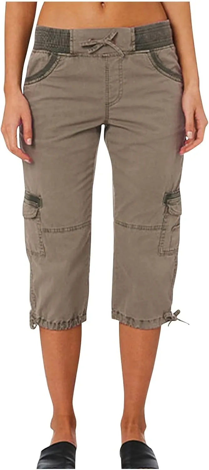 Womens Cargo Capris Summer Casual Drawstring Low Waisted Hiking Jogger Pants Lightweight Outdoor Cotton Capri Pants