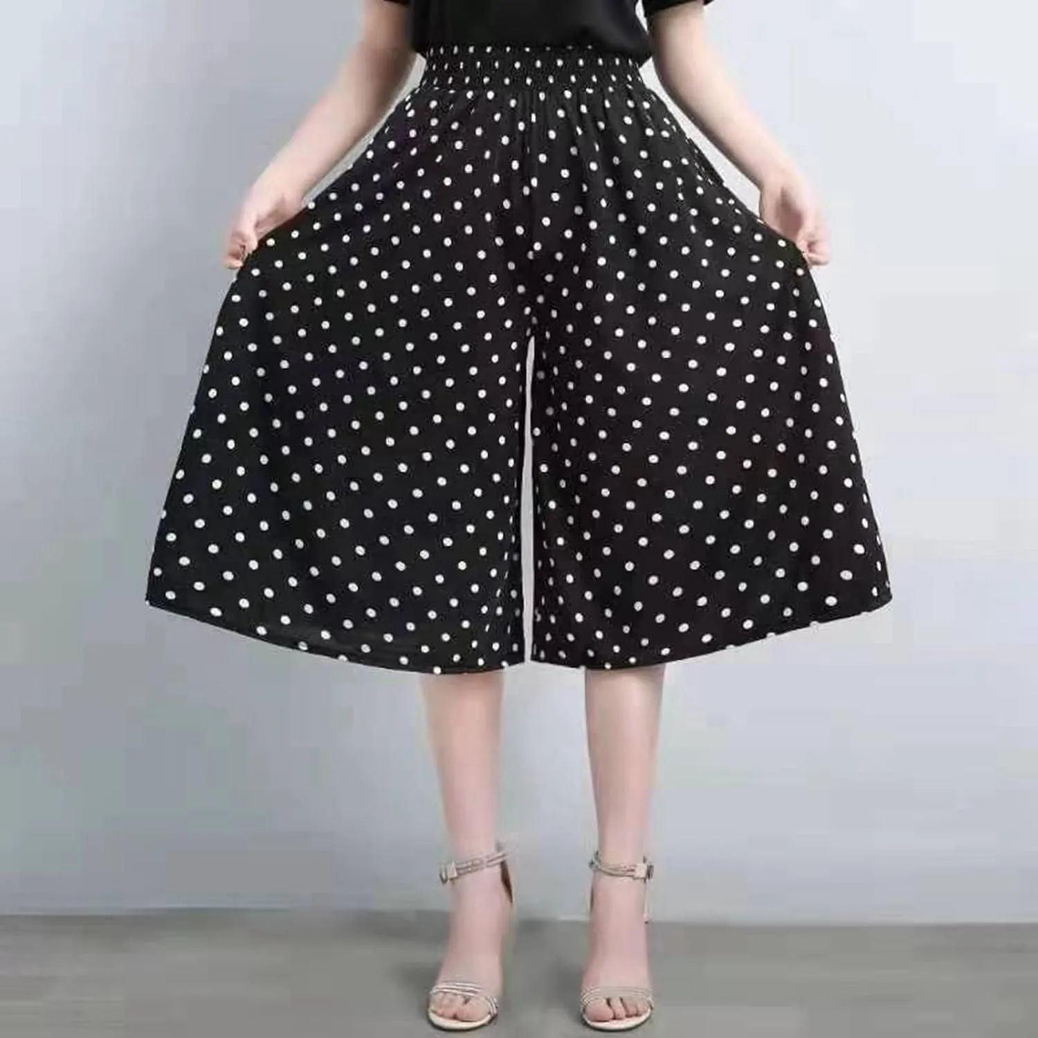 Womens Pleated Chiffon Culottes High Elastic Waist Wide Leg Pants Dressy For Women Knee Length