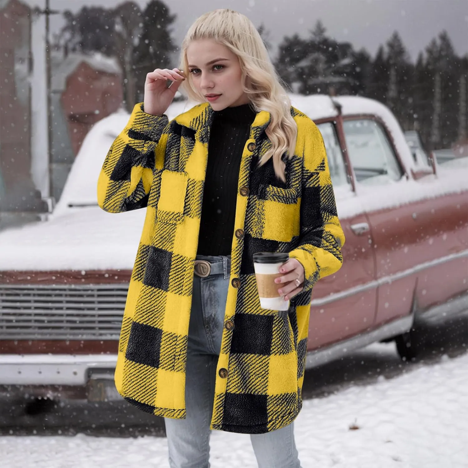 Womens Sherpa Jacket Lapel Button Flannel Jacket Shacket Soft Comfy Plaid Jacket Fleece Long Teddy Coat with Pockets