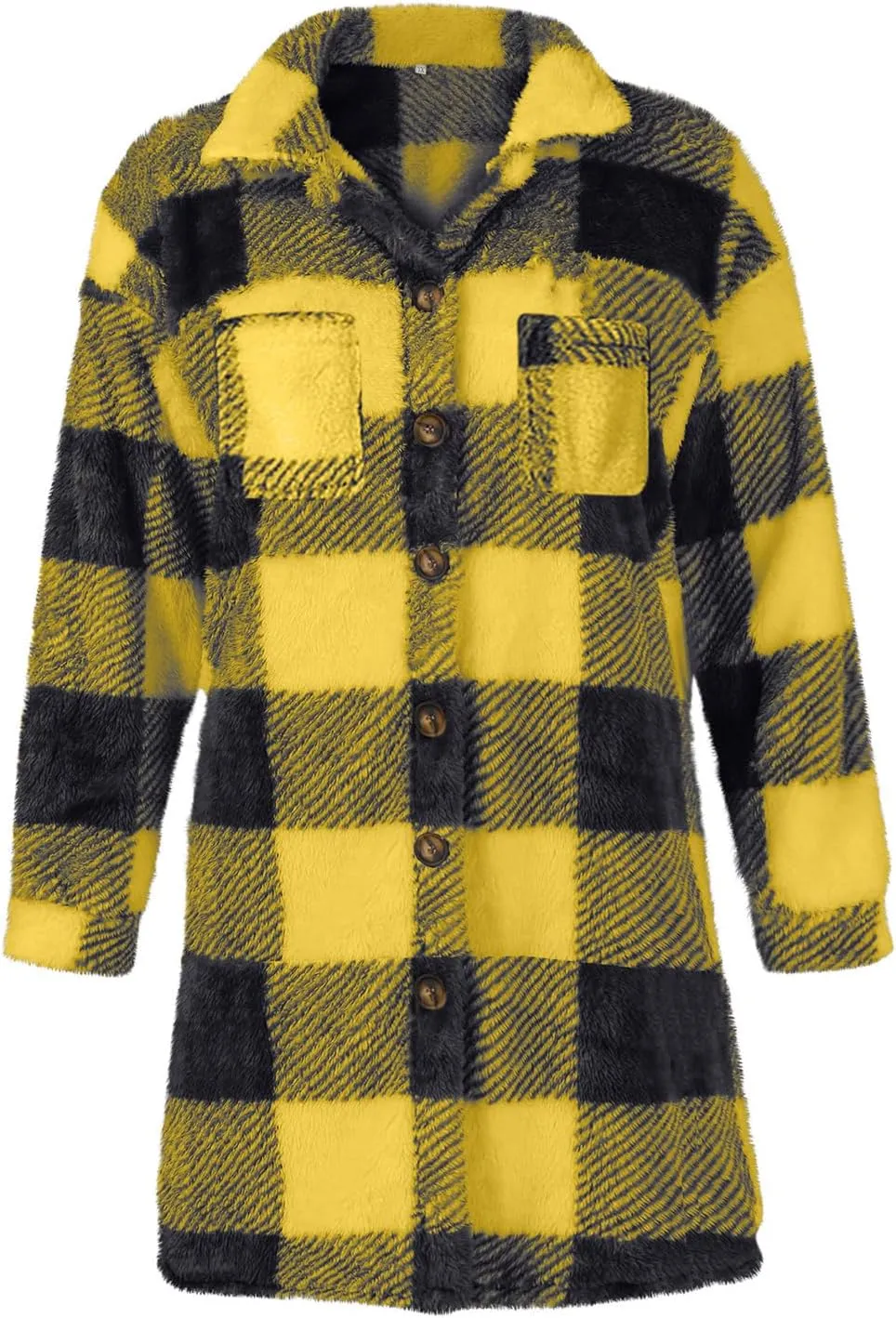 Womens Sherpa Jacket Lapel Button Flannel Jacket Shacket Soft Comfy Plaid Jacket Fleece Long Teddy Coat with Pockets