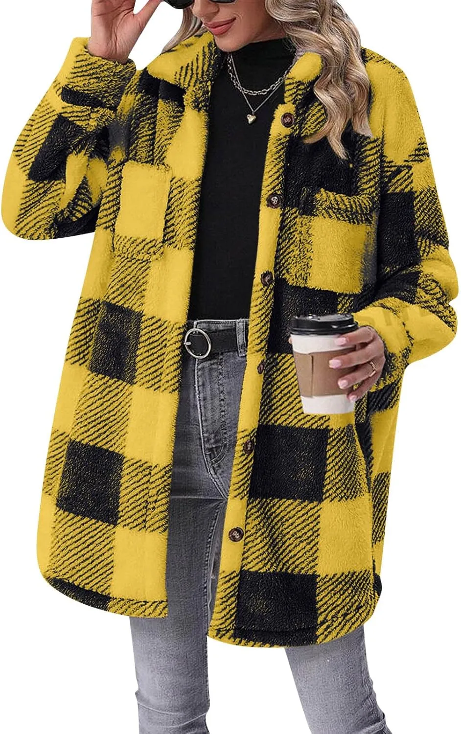 Womens Sherpa Jacket Lapel Button Flannel Jacket Shacket Soft Comfy Plaid Jacket Fleece Long Teddy Coat with Pockets