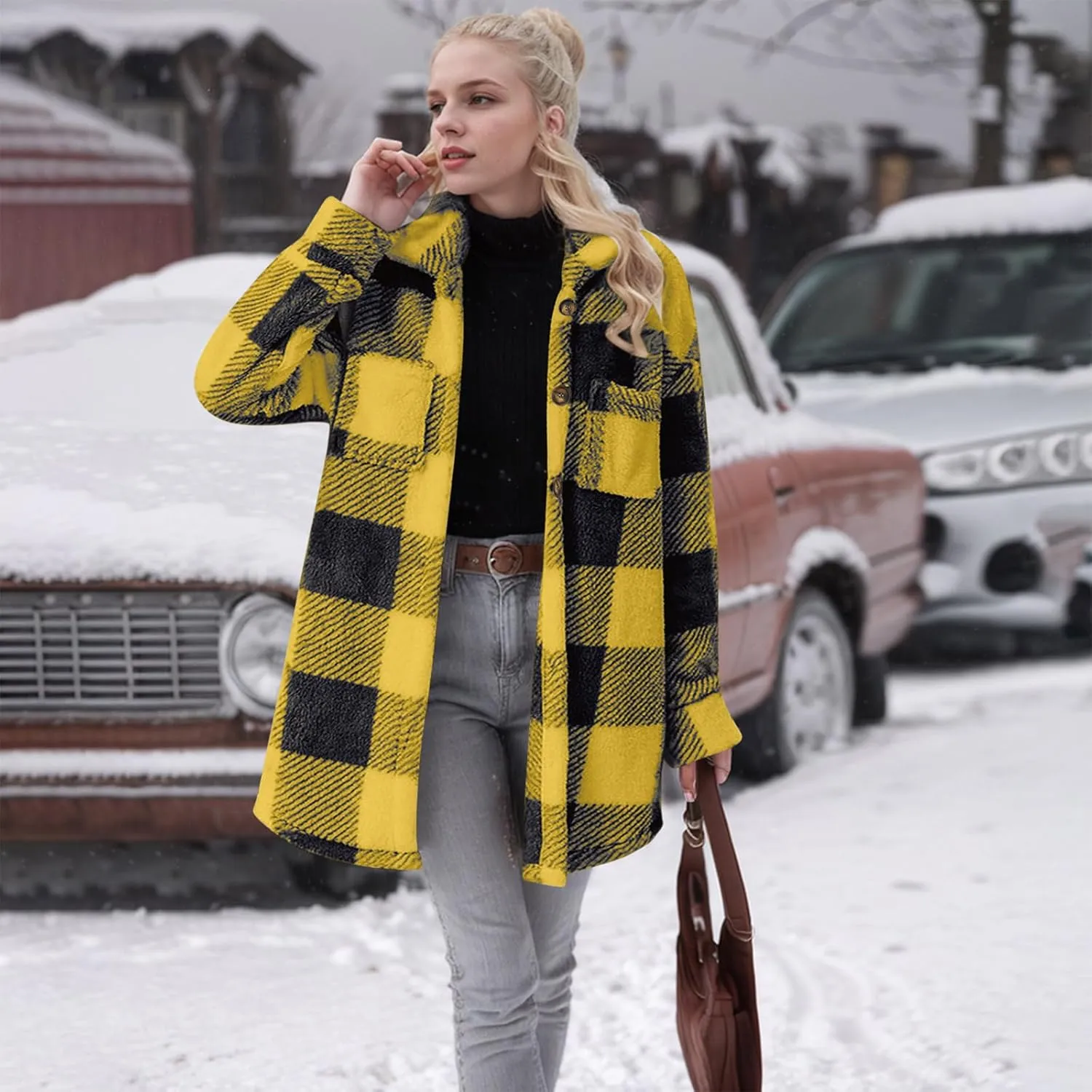 Womens Sherpa Jacket Lapel Button Flannel Jacket Shacket Soft Comfy Plaid Jacket Fleece Long Teddy Coat with Pockets