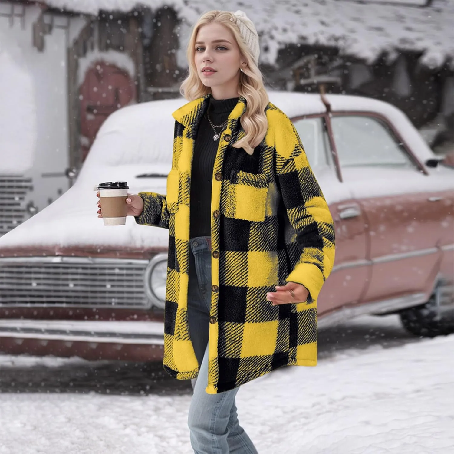 Womens Sherpa Jacket Lapel Button Flannel Jacket Shacket Soft Comfy Plaid Jacket Fleece Long Teddy Coat with Pockets